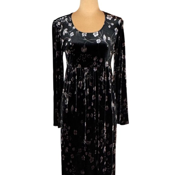 Vintage 90s Whimsigoth Velvet Maxi Dress Sz M Black Floral Witchy Goth Boho - Picture 3 of 13